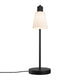 Tischlampe Molli mit schwarzem Standfuß und weißem Lampenschirm, ideal für moderne Raumgestaltung.