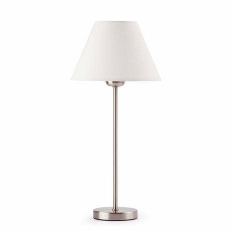 Tischlampe NIDIA Nickel-Matt, Weiß mit elegantem, modernem Design und weißem Lampenschirm.