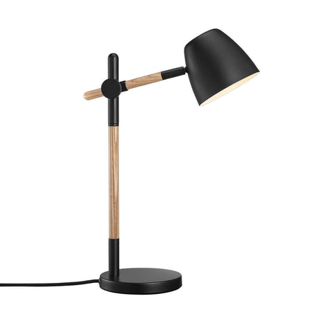 Theo bordlampe i træ og metal, moderne design, fleksibelt lampehoved til rettet lys.