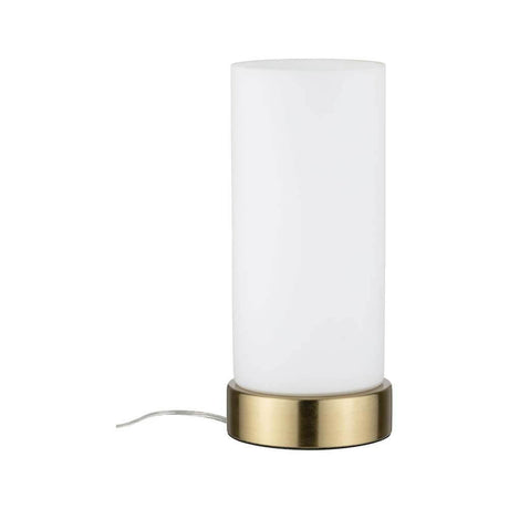 Tischleuchte Pinja mit Touch-Schalter Weiß, Messing in modernem Design mit Kupferfarbenem Sockel.