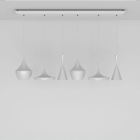 Tom Dixon Beat Range Pendellampe 6er 156cm in verschiedenen Formen, elegant an Decke hängend.