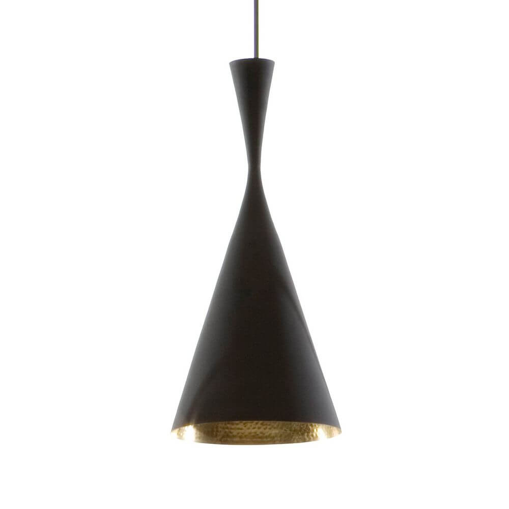 Tom Dixon Beat Tall LED Hängelampe Ø 19cm mit schwarzer Patina und goldener Innenseite.