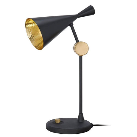 Tom Dixon Beat Tischleuchte mit Dimmer in Schwarz und Gold, verstellbarer Gelenkarm, elegantes Design.