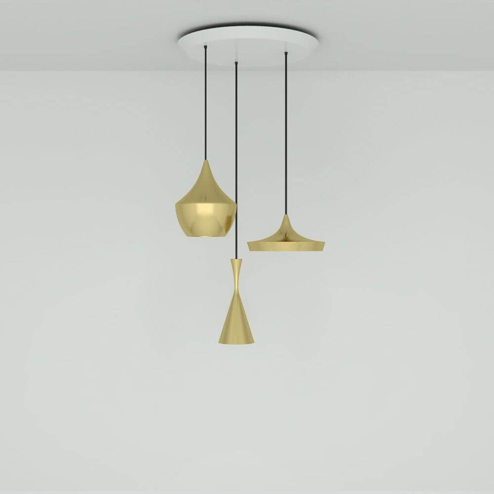 Tom Dixon Beat Trio LED Pendelleuchte 3er Ø 68cm in Goldfarben, schwebend von der Decke.