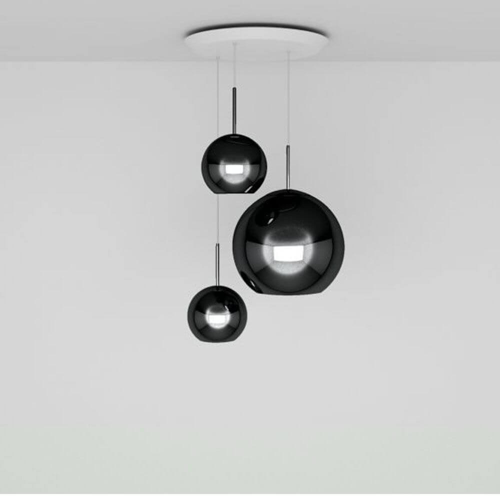 Tom Dixon Copper 3er Pendellampe Ø 78cm mit hochreflektierenden Oberflächen und modernem Design.