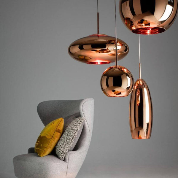 Tom Dixon Copper Round Pendelleuchte Kugel, reflektierende Kupfer-Pendelleuchte für modernes Interieur