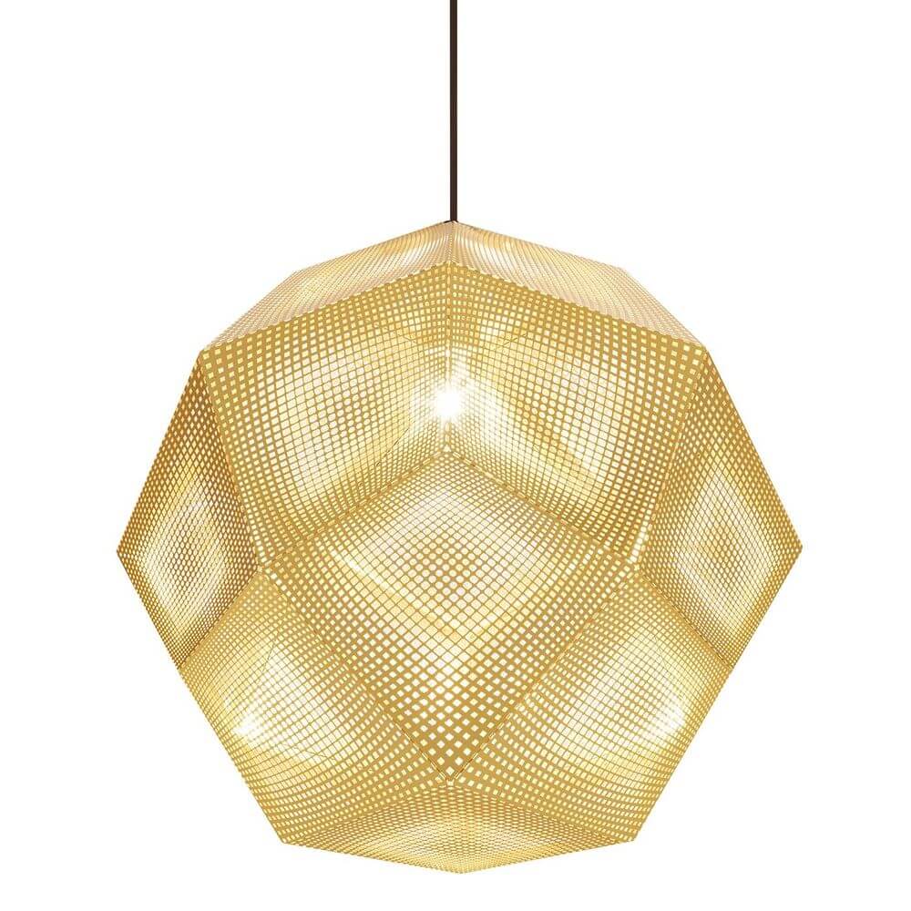 Tom Dixon Etch Metall Hängeleuchte Effektlicht in goldener Farbe, ideal für sanftes Umgebungslicht.