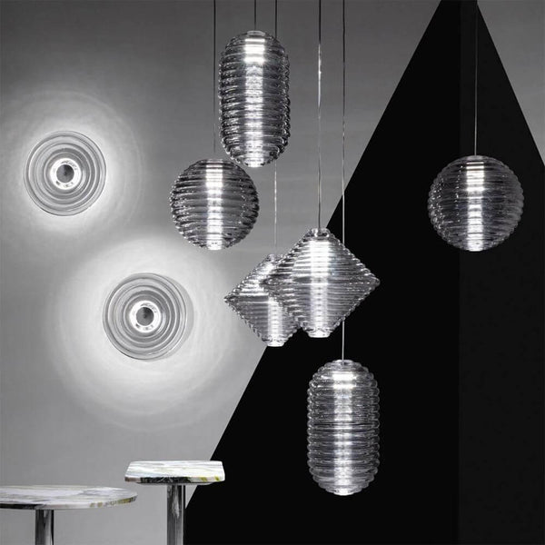 Tom Dixon Press Cone Glas-Pendelleuchte aus geripptem Klarglas, markante Design-Hängelampe mit konischer Silhouette