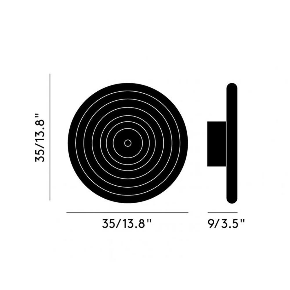 Maßzeichnung der Tom Dixon Press Wandleuchte, 35 Zoll Durchmesser, 9 Zoll Tiefe, modernes Design aus Glas.