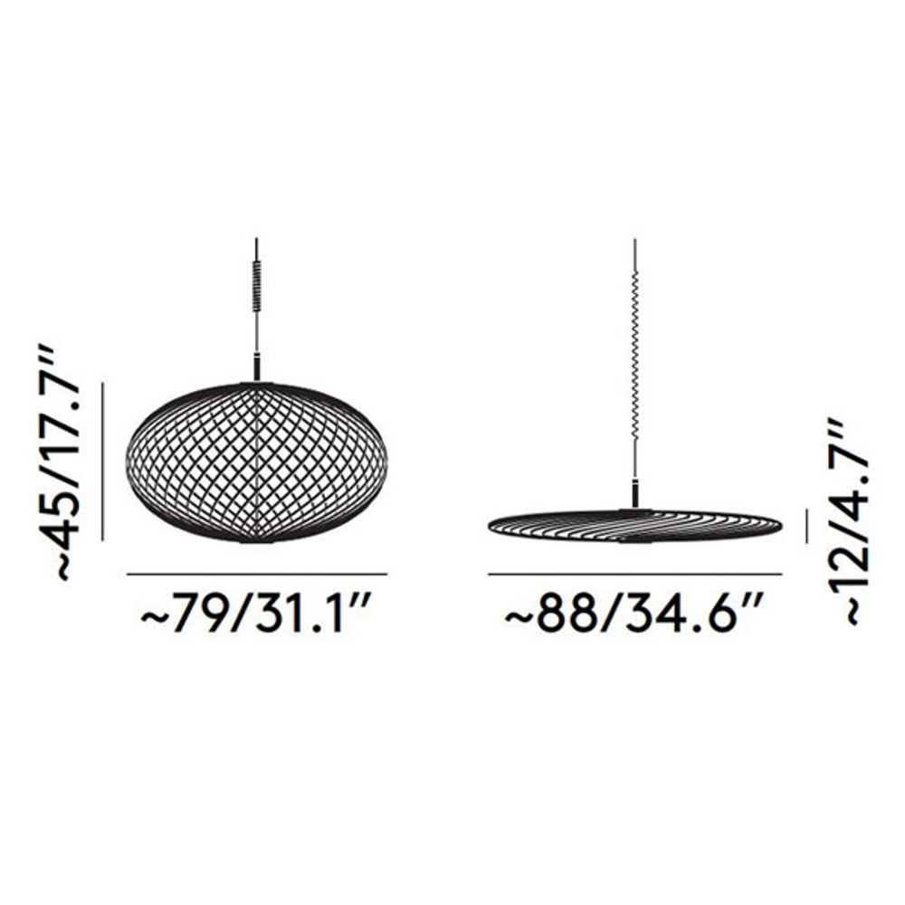 Maßskizze der Tom Dixon Spring Hängelampe, zeigt Durchmesser und Höhe der Lampe in Zoll.