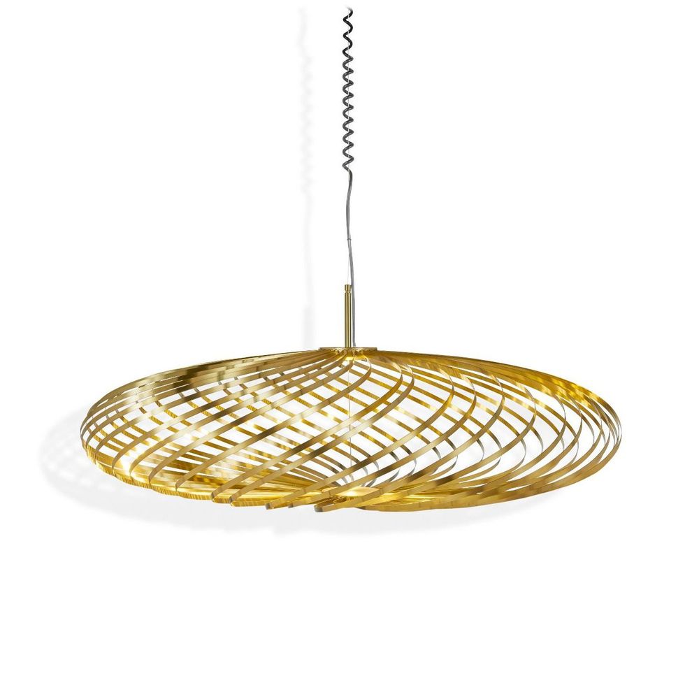 Tom Dixon Spring Hängelampe aus Edelstahl in elegantem Gold, dimmbar und formbar, kreative Lichtgestaltung.