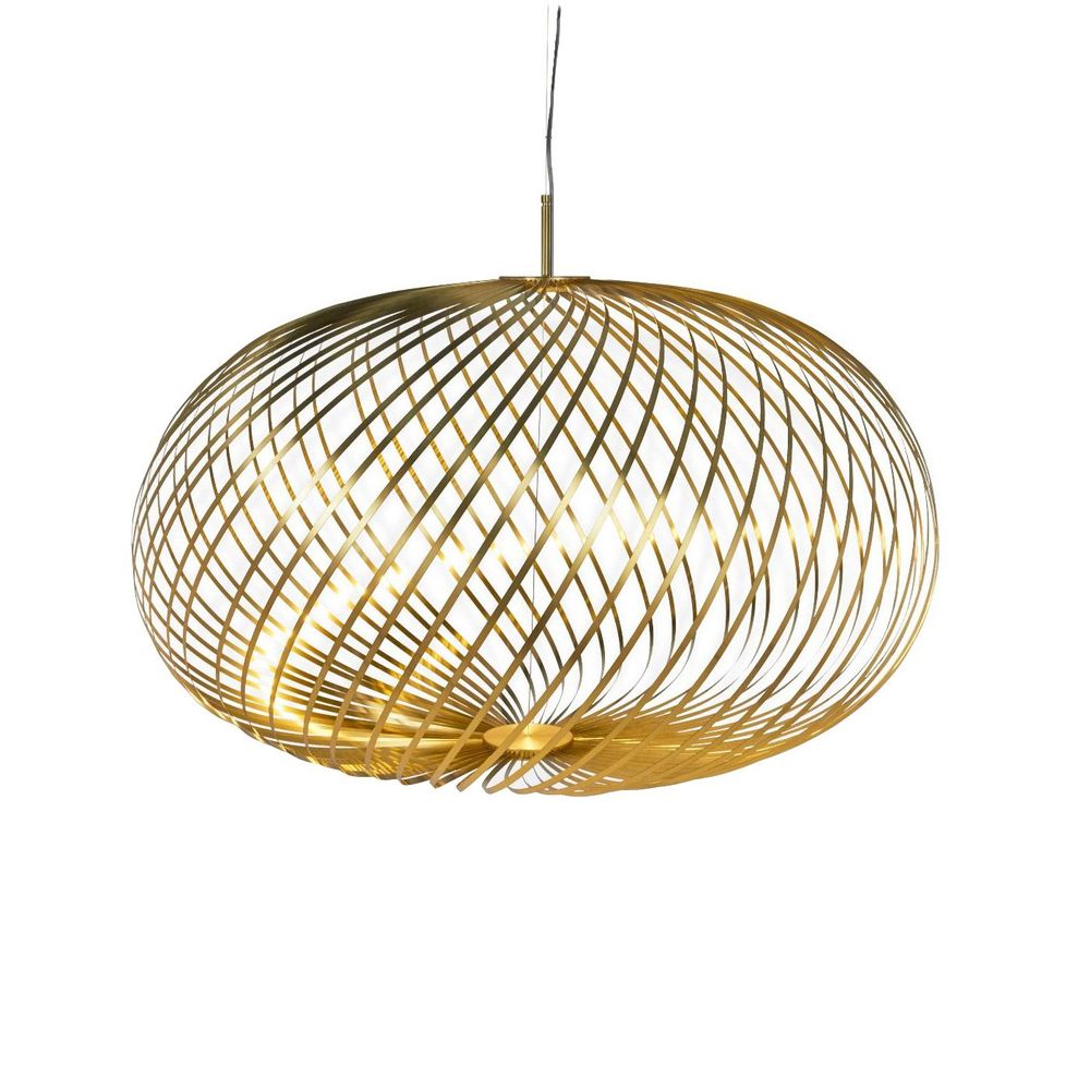 Tom Dixon Spring LED Hängelampe, ausziehbar, aus Edelstahlstreifen, dimmbar, Designer Pendelleuchte in gold.