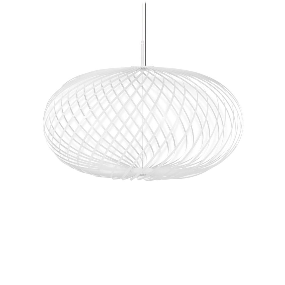 Tom Dixon Spring LED Hängelampe, ausziehbare Design-Pendelleuchte aus Edelstahlstreifen in Weiß.