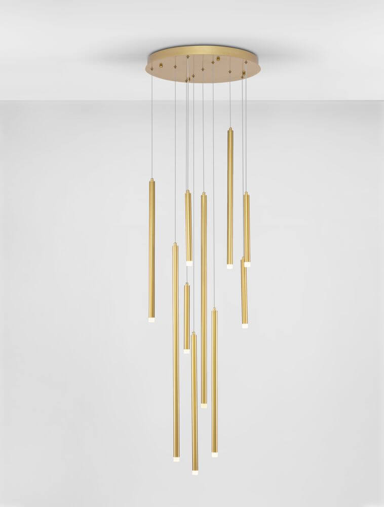 Trimle LED Pendelleuchte 10-flammig in Gold, zylindrische Leuchten für minimalistisches Ambiente.