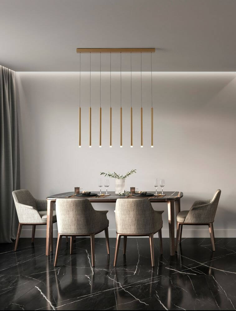 Moderne Trimle LED Pendelleuchte 8-flammig in elegantem Design über einem stilvollen Essplatz.