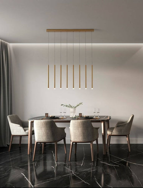 Trimle LED 8-pære 3000K pendel over et elegant spisebord i et moderne boligmiljø.