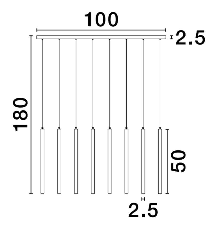 Technische Zeichnung der Trimle LED Pendelleuchte 8-flammig mit Abmessungen und Details.
