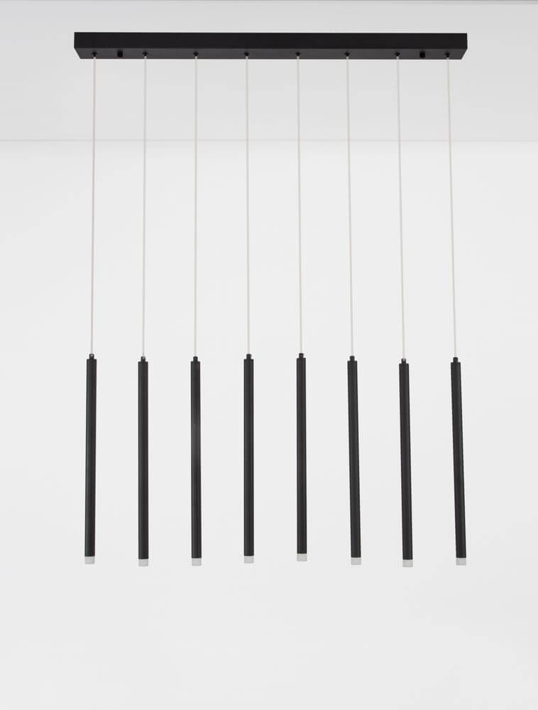 Schwarze 8-flammige LED-Pendelleuchte TRIMLE von Nova Luce, modernes Design, dimmbar, elegant für stimmungsvolle Beleuchtung.