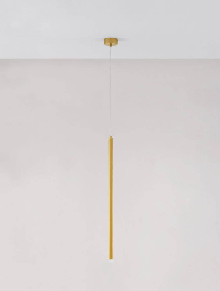 Trimle LED Pendelleuchte H 70cm Ø 2,5cm 3000K in elegantem Gold, ideal für Küche und Esszimmer.