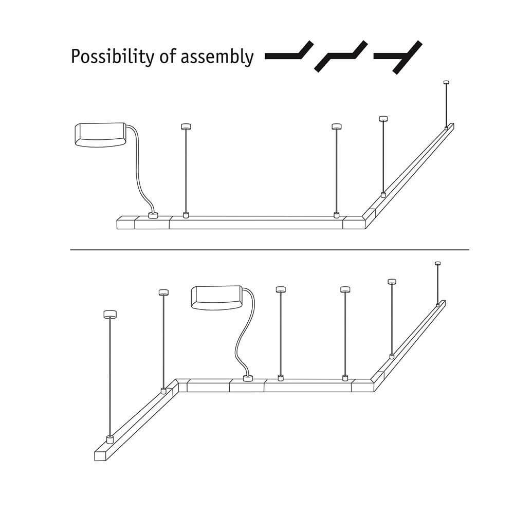 Diagramm zur Montage des U-Rail Einspeisung 2m Kabel Chrom-Matt mit Optionen für verschiedene Installationen.