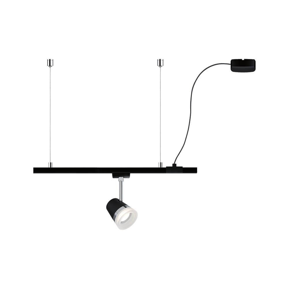 U-Rail Einspeisung 2m Kabel Schwarz-Matt mit hängender Lichtinstallation und flexibler Raumgestaltung.