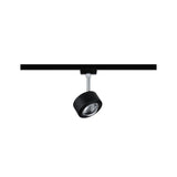 U-Rail LED Schienenspot Aldan in Schwarz-Matt mit Chrom-Details, dimmbar und modernem Design.