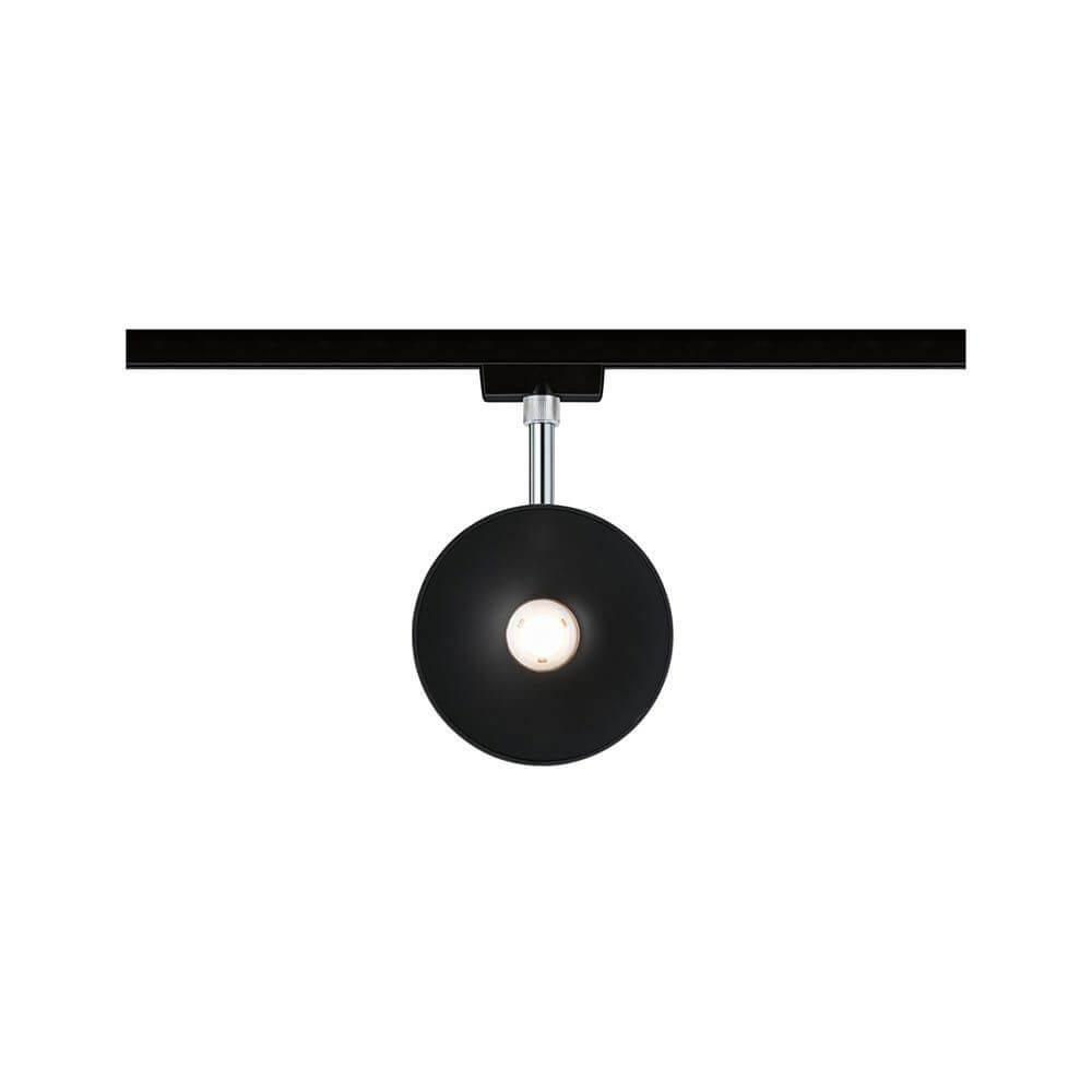 U-Rail LED Schienenspot Sphere Einzelspot Schwarz-Matt, Chrom an einer Decke montiert.