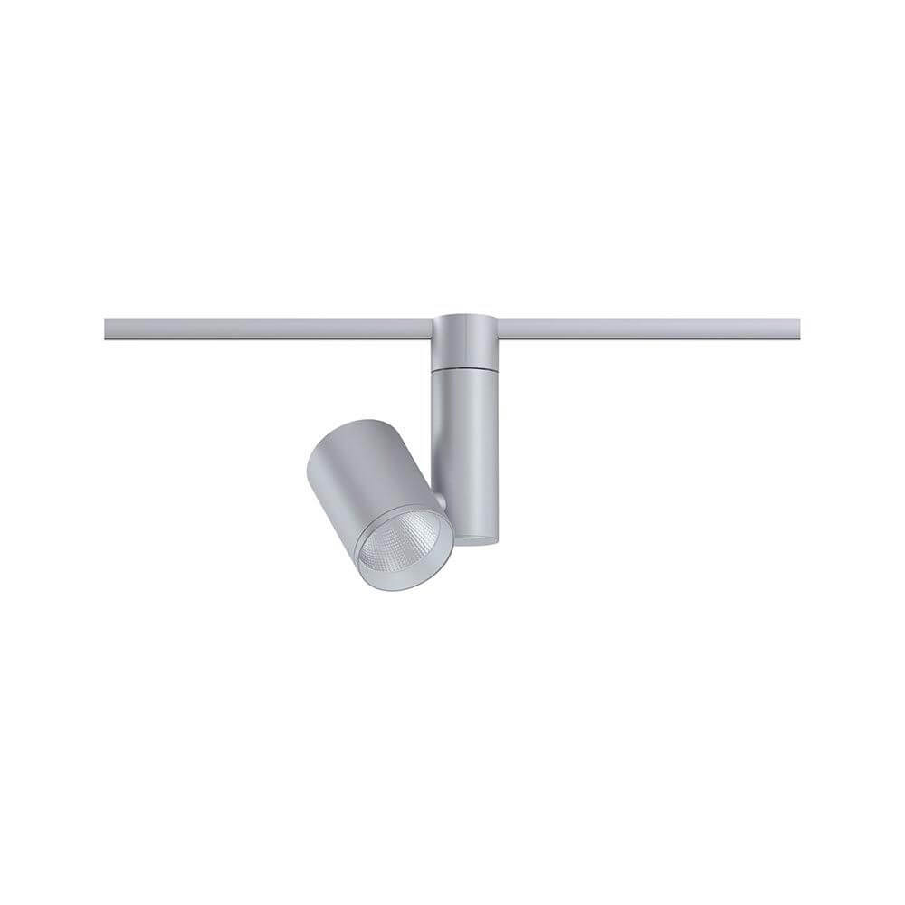 U-Rail LED Schienenspot Zeuz Einzelspot 9° Chrom-Matt auf einem Schienensystem, ideal zur gezielten Beleuchtung.