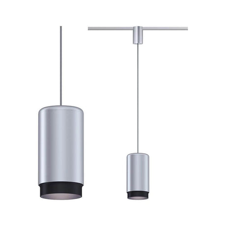 Suspension U-Rail Corus en métal chromé mat avec design moderne et câble textile pour les pièces à grande hauteur.