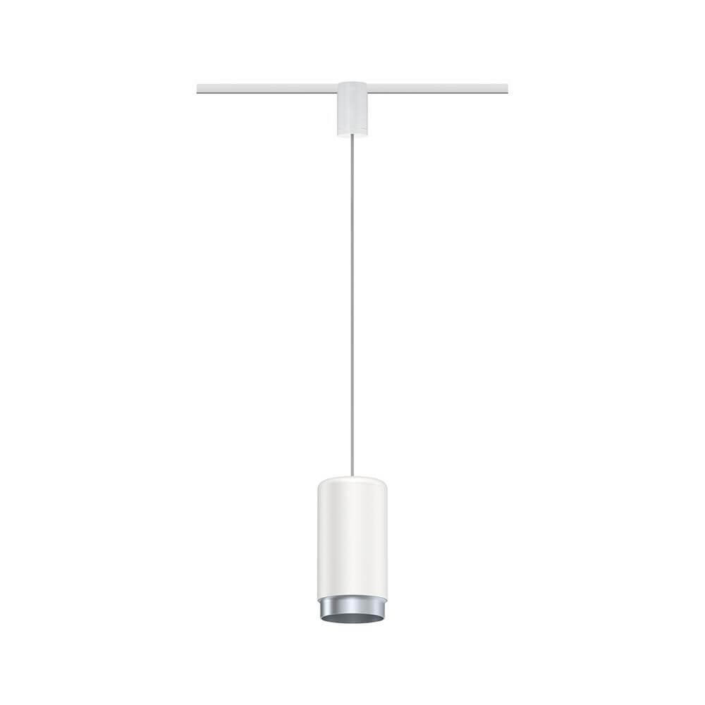 U-Rail Pendelleuchte Corus Dimmbar Weiß mit elegantem Design und langem Stoffkabel.