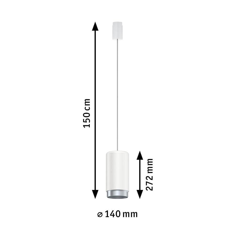 U-Rail Pendelleuchte Corus Dimmbar Weiß mit Maßangaben, elegantes Design und höhenverstellbar.