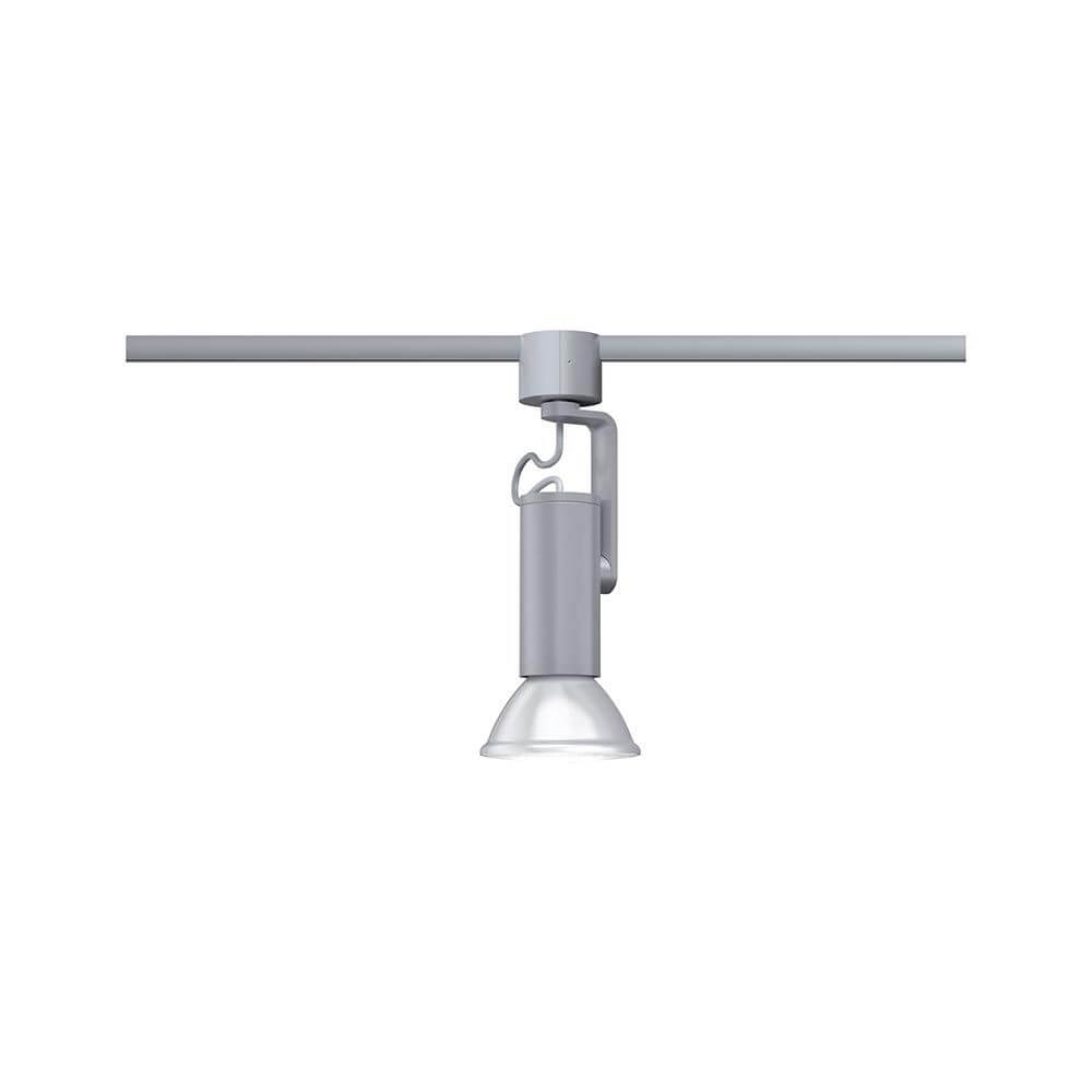 U-Rail Schienenspot Apol II Einzelspot Chrom an einer Schiene montiert, ideal für Gänge und Flure.