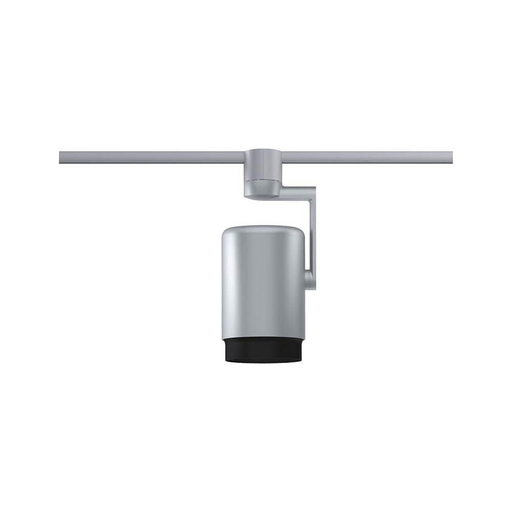 U-Rail Schienenspot Asthene Strahler Chrom auf einer Schiene installiert, modernes Design in Chrom.