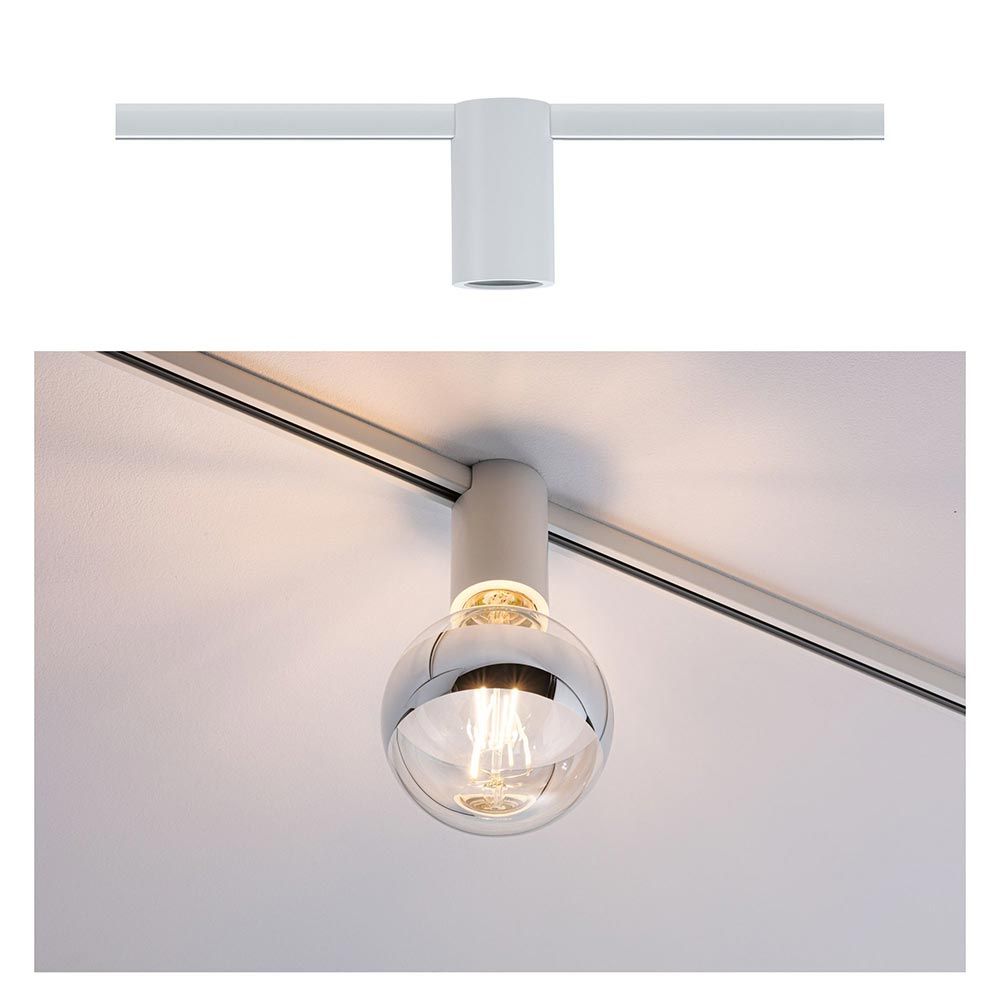 URail Schienenspot Sockel in Weiß mit dekorativer Glühlampe für modernes Raumdesign.