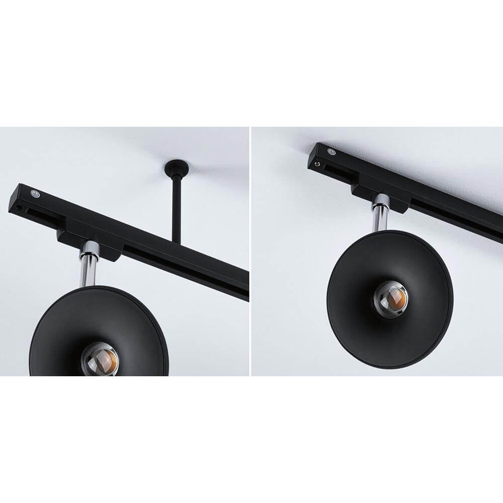 U-Rail Zubehör Schienenabhängung 2,3cm Schwarz-Matt an einer Decke montiert mit Lampen.