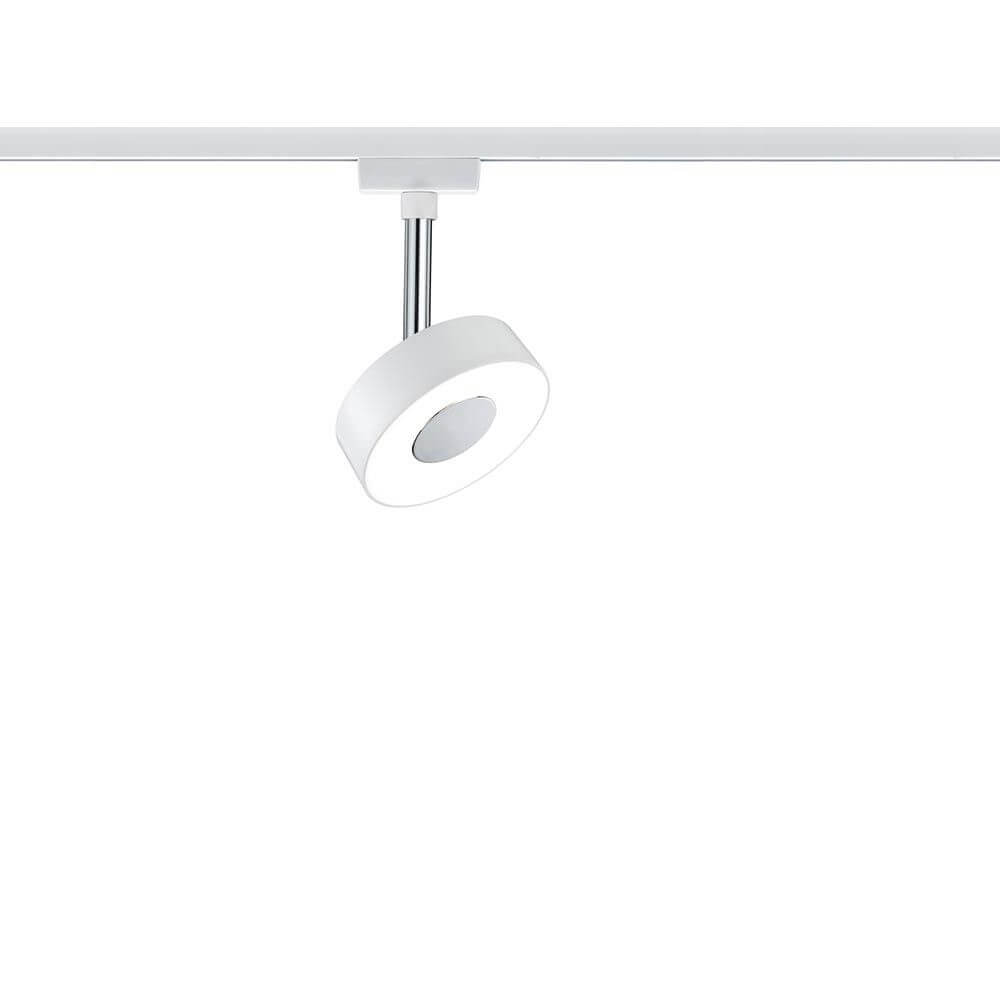 URail LED-Spot 5W Circle 230V Weiß an einer Deckenleuchte montiert, modernes Design in Weiß.