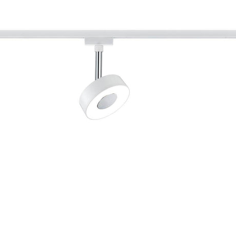 URail LED-Spot 5W Circle 230V Weiß an einer Deckenleuchte montiert, modernes Design in Weiß.