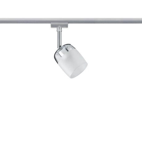 URail Spot Blossom Klar- Satin G9 an einer Schiene installiert, modernes Design mit dekorativem Glasschirm.