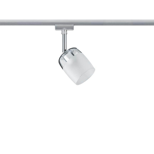 URail Spot Blossom Klar- Satin G9 an einer Schiene installiert, modernes Design mit dekorativem Glasschirm.