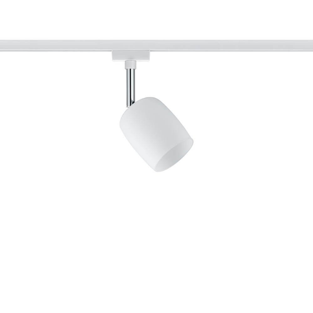 URail Spot Blossom Weiß Satin G9 auf einer Schiene mit dekorativem Glasschirm für blendarmes Licht.
