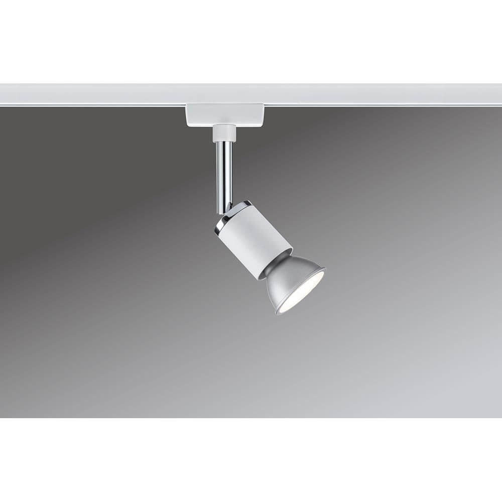 URail Spot Pure II Weiß GU10 an einer Decke montiert, modernes Design, flexible Lichtquelle, vielseitig einsetzbar.