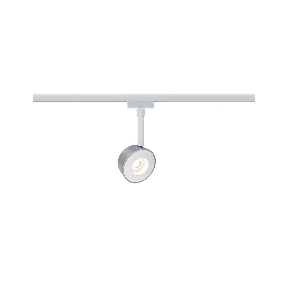 URail Systems Spot Pellet 1x4W Weiß Chrom Dimmbar an einer Schiene montiert, modernes und reduziertes Design.