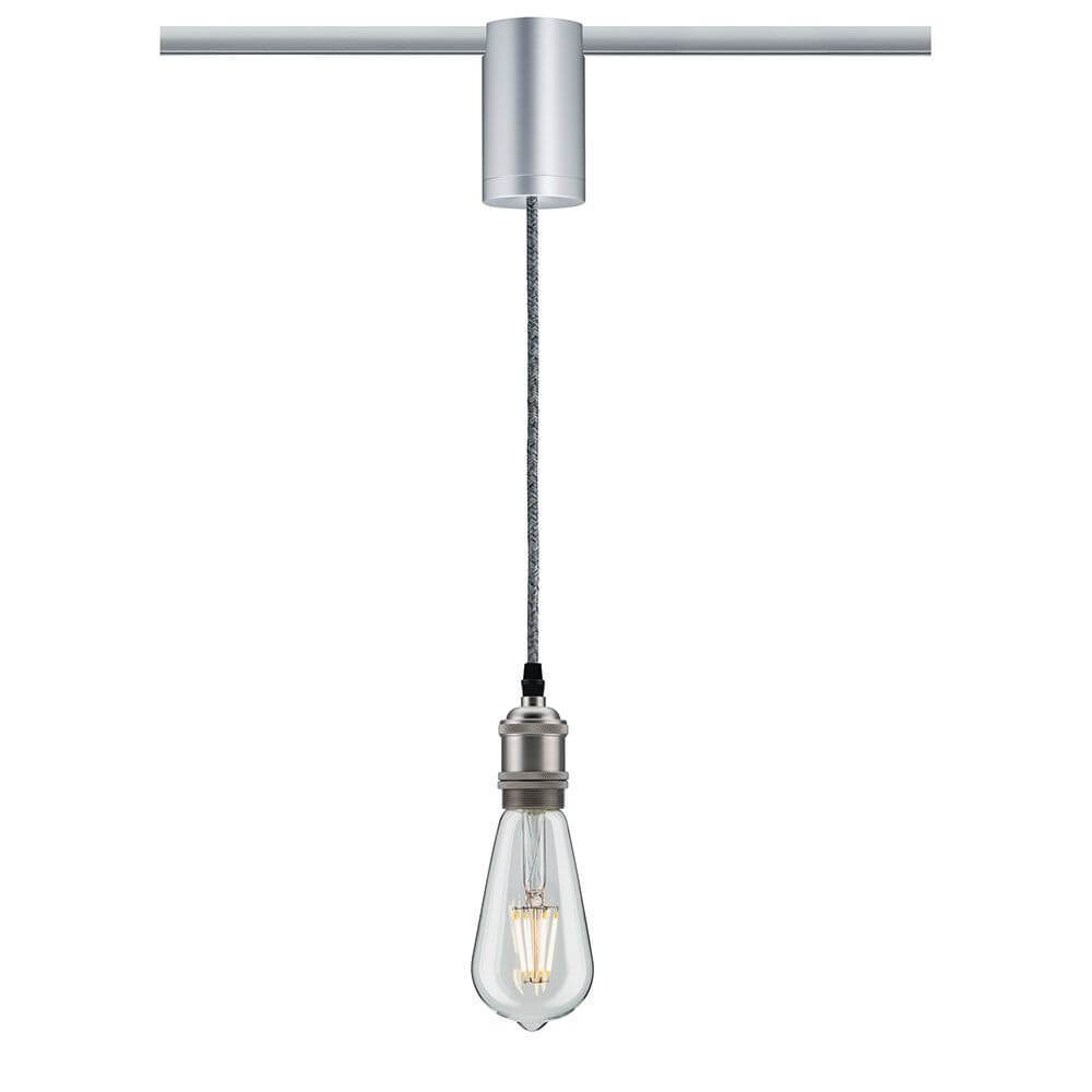 URail Universal Pendel Adapter Chrom-Matt mit Pendelleuchte und Kabel in Hochvoltschiene integriert.