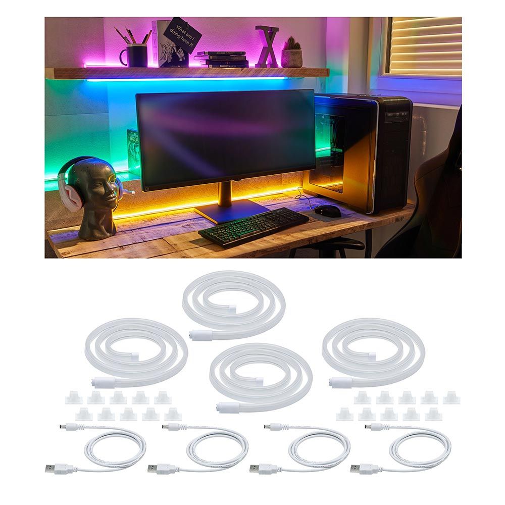 USB-LED Neon Lichtstreifen in Blau, Grün, Orange und Pink, ideal für kreative Beleuchtung und einfache Montage.