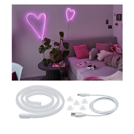USB-LED Strip Neon 1m Colorflex Pink in einem modernen Raum mit Herzformen.
