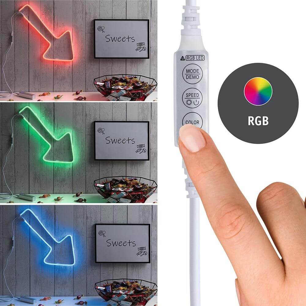 USB-LED Strip Neon Colorflex RGB 1m in verschiedenen Farben mit Fernbedienung und Süßigkeiten.