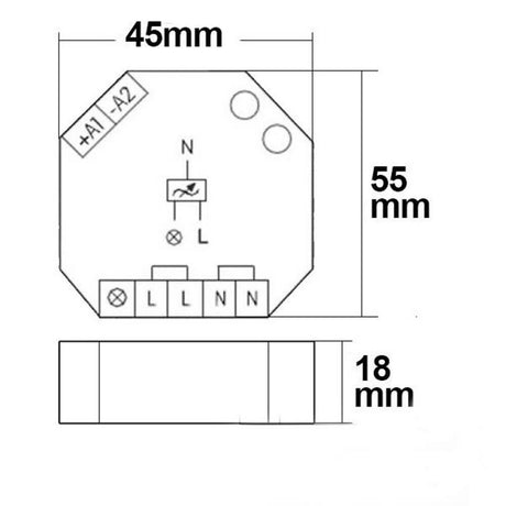 Dessin technique d’un variateur universel encastré pour lampes 230 V et transformateurs dimmables avec dimensions.