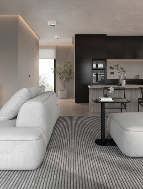 Modern living kitchen with Utopia LED ceiling light 3000K, elegant furniture and minimalist interior.