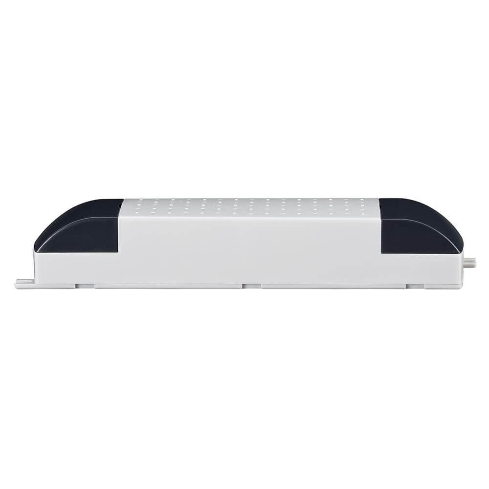 VDE Profi Elektroniktrafo 35-105W 12V 105VA Grau Schwarz aus der Seitenansicht, grau-schwarzes Design.