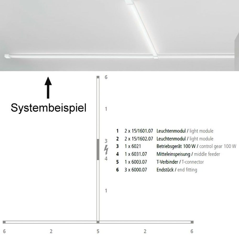 Systembeispiel für VIGO Modulbeleuchtung mit Bauteilen wie Leuchtenmodulen und T-Verbindern.